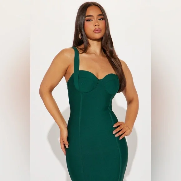 Fashion Nova Hunter Green Bodycon Midi Dress Bustier NWT Size XL Party Cocktail - Picture 2 of 9